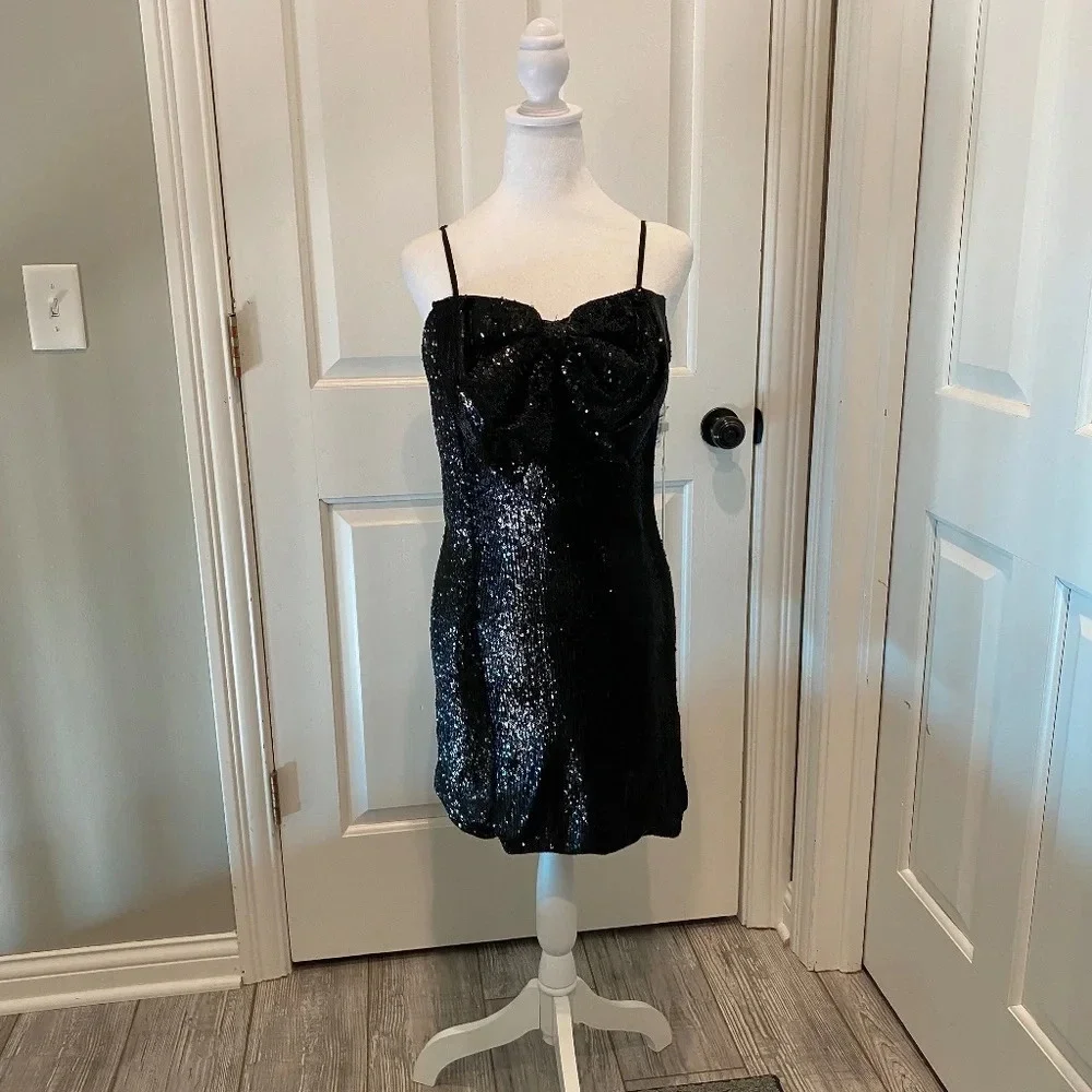 New! Ronny Kobo Lindsay Sequined Bow Mini Dress Black, 16648